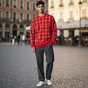 Tommy Hilfiger Vintage Red Plaid Crewneck Sweater Mens L